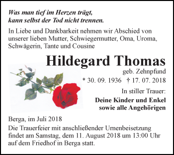 Traueranzeige von Hildegard Thomas von Mitteldeutsche Zeitung