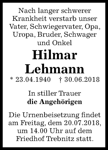 Traueranzeige von Hilmar Lehmann von Mitteldeutsche Zeitung Bernburg