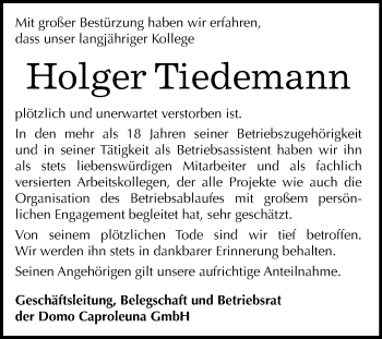 Traueranzeige von Holger Tiedemann von Mitteldeutsche Zeitung Halle/Saalkreis