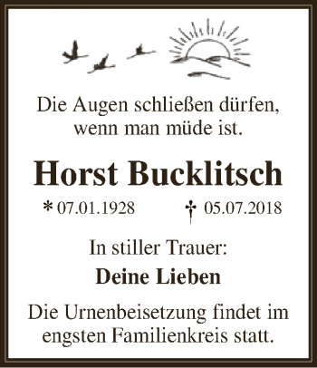 Traueranzeige von Horst Bucklitsch von WVG - Wochenspiegel Dessau / Köthen