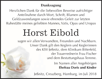 Traueranzeige von Horst Eibold von WVG - Wochenspiegel Bitterfeld