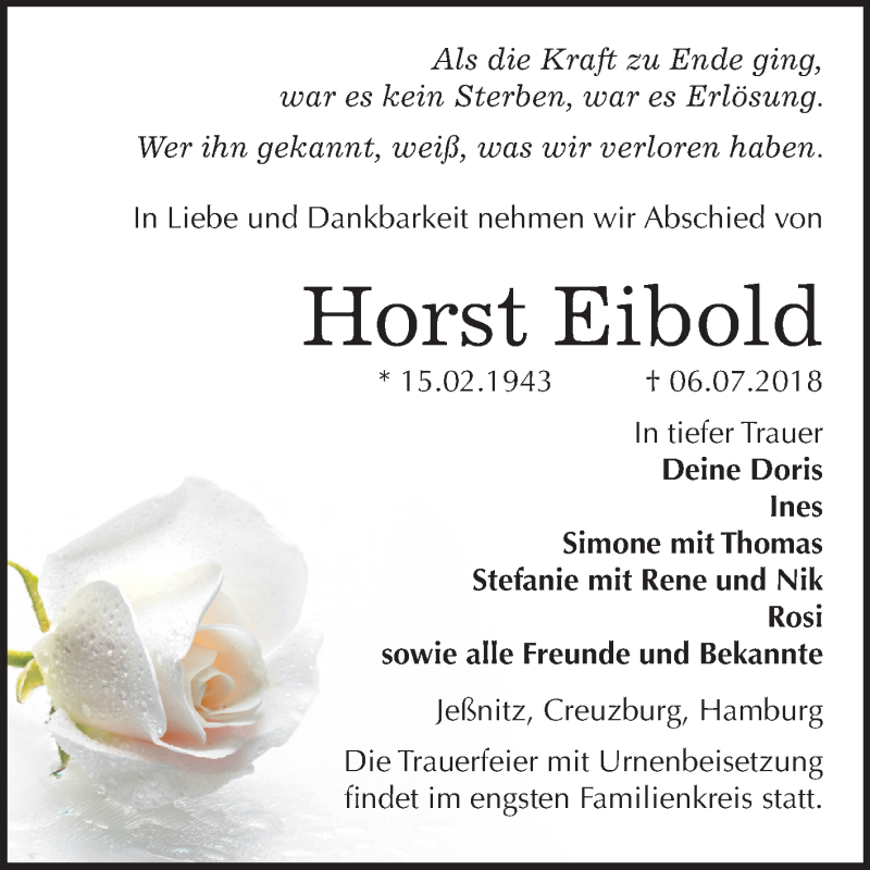  Traueranzeige für Horst Eibold vom 14.07.2018 aus Mitteldeutsche Zeitung Bitterfeld