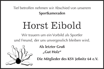 Traueranzeige von Horst Eibold von WVG - Wochenspiegel Bitterfeld