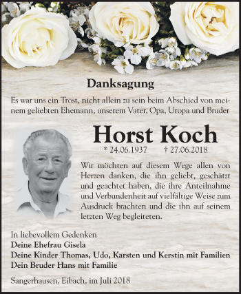 Traueranzeige von Horst Koch von Mitteldeutsche Zeitung Sangerhausen