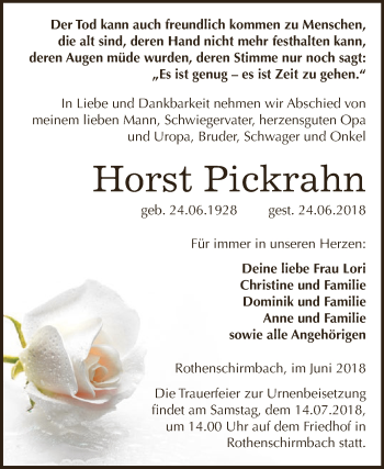 Traueranzeige von Horst Pickrahn von Super Sonntag SGH Mansf. Land