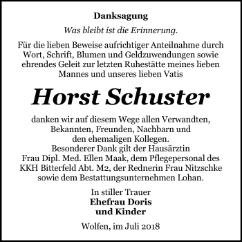 Traueranzeige von Horst Schuster von WVG - Wochenspiegel Bitterfeld
