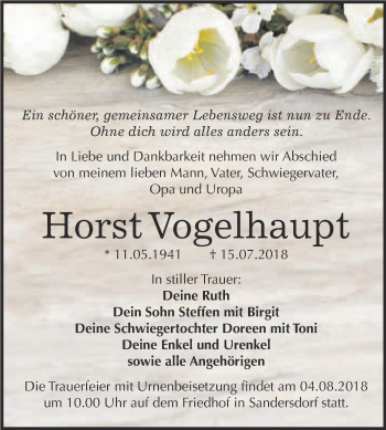 Traueranzeige von Horst Vogelhaupt von WVG - Wochenspiegel Bitterfeld