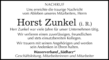 Traueranzeige von Horst Zunkel von Mitteldeutsche Zeitung Sangerhausen