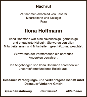 Traueranzeige von Ilona Hoffmann von Super Sonntag Dessau / Köthen