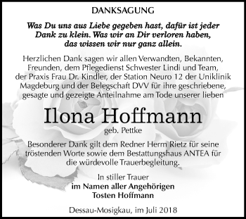 Traueranzeige von Ilona Hoffmann von Mitteldeutsche Zeitung Dessau-Roßlau