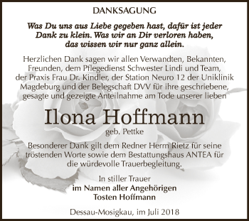 Traueranzeige von Ilona Hoffmann von WVG - Wochenspiegel Dessau / Köthen