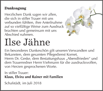 Traueranzeige von Ilse Jähne von Mitteldeutsche Zeitung Merseburg/Querfurt