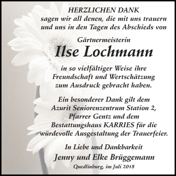 Traueranzeige von Ilse Lochmann von Mitteldeutsche Zeitung Quedlinburg