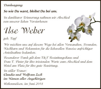Traueranzeige von Ilse Weber von WVG - Wochenspiegel NMB / WSF / ZTZ