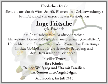 Traueranzeige von Inge Fritsche von Mitteldeutsche Zeitung Merseburg/Querfurt