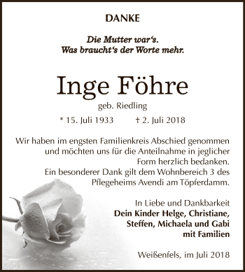 Traueranzeige von Inge Föhre von WVG - Wochenspiegel NMB / WSF / ZTZ