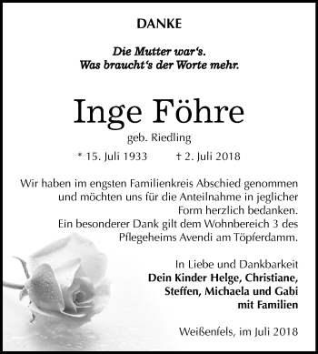 Traueranzeige von Inge Föhre von Mitteldeutsche Zeitung Weißenfels
