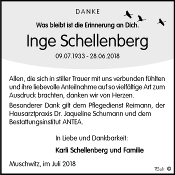 Traueranzeige von Inge Schellenberg von Mitteldeutsche Zeitung Weißenfels