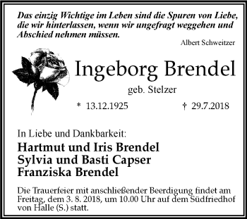 Traueranzeige von Ingeborg Brendel von Mitteldeutsche Zeitung Halle/Saalkreis