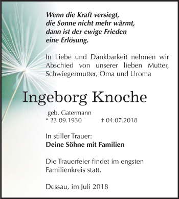 Traueranzeige von Ingeborg Knoche von Mitteldeutsche Zeitung Dessau-Roßlau