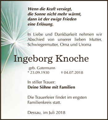 Traueranzeige von Ingeborg Knoche von WVG - Wochenspiegel Dessau / Köthen
