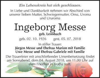 Traueranzeige von Ingeborg Messe von Mitteldeutsche Zeitung Halle/Saalkreis