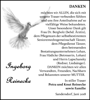 Traueranzeige von Ingeborg Reinecke von Mitteldeutsche Zeitung Bitterfeld