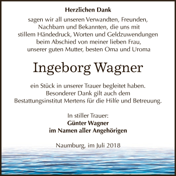 Traueranzeige von Ingeborg Wagner von WVG - Wochenspiegel NMB / WSF / ZTZ