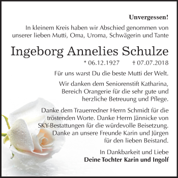 Traueranzeige von Ingeborg Annelies Schulze von Mitteldeutsche Zeitung