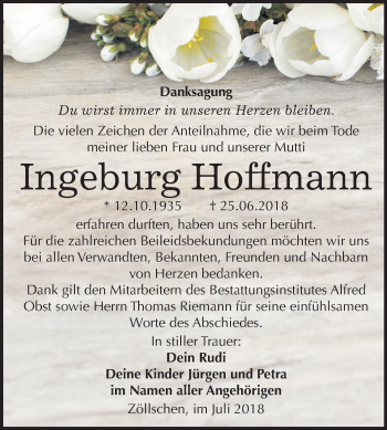 Traueranzeige von Ingeburg Hoffmann von Mitteldeutsche Zeitung Merseburg/Querfurt