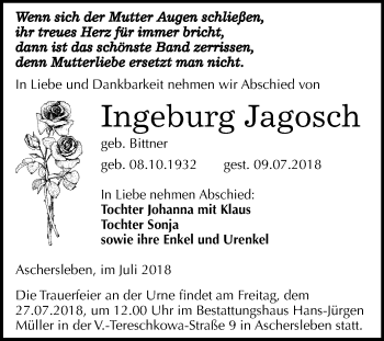 Traueranzeige von Ingeburg Jagosch von Mitteldeutsche Zeitung Aschersleben