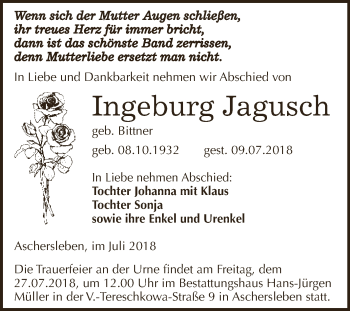 Traueranzeige von Ingeburg Jagusch von Super Sonntag Aschersleben