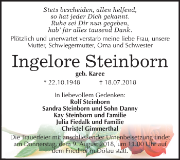 Traueranzeige von Ingelore Steinborn von Mitteldeutsche Zeitung Halle/Saalkreis