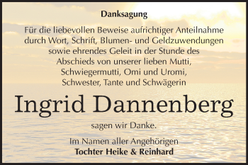 Traueranzeige von Ingrid Dannenberg von Mitteldeutsche Zeitung Dessau-Roßlau