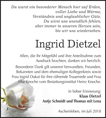 Traueranzeige von Ingrid Dietzel von Mitteldeutsche Zeitung Aschersleben
