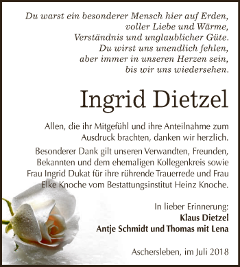 Traueranzeige von Ingrid Dietzel von Super Sonntag Aschersleben