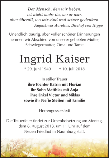 Traueranzeige von Ingrid Kaiser von Mitteldeutsche Zeitung