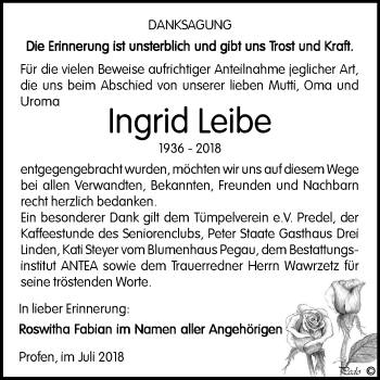 Traueranzeige von Ingrid Leibe von Mitteldeutsche Zeitung Zeitz
