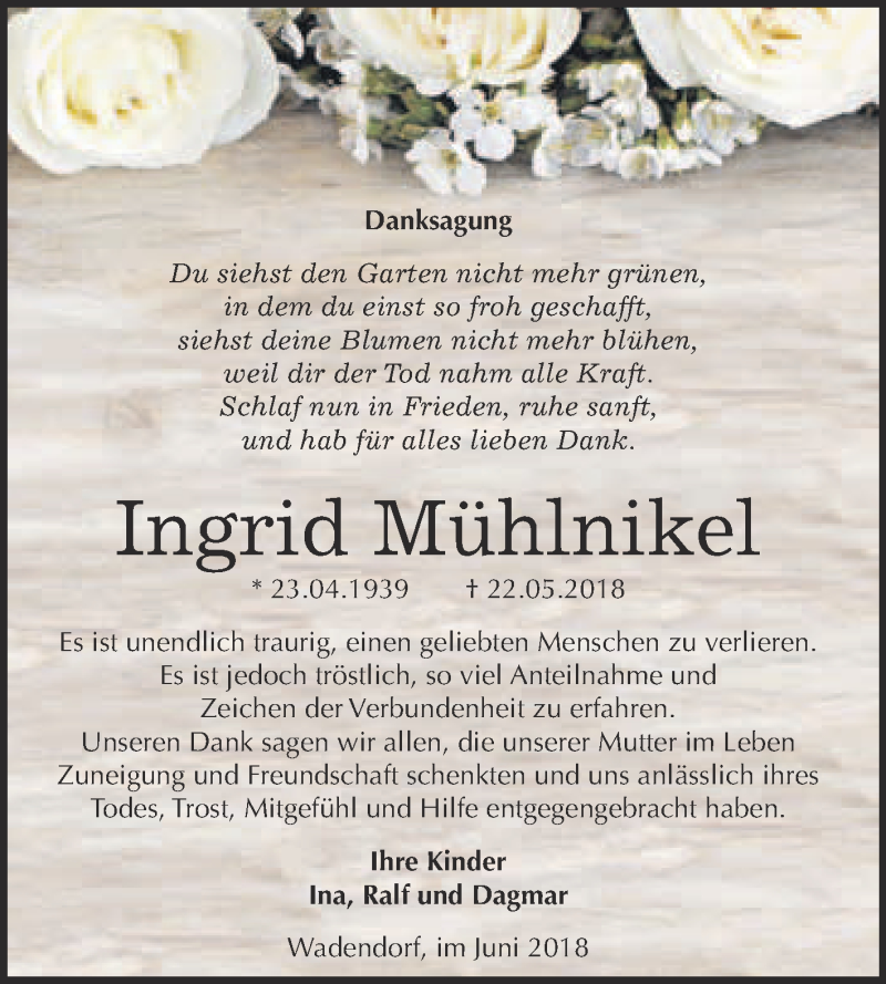  Traueranzeige für Ingrid Mühlnikel vom 04.07.2018 aus WVG - Wochenspiegel Bitterfeld