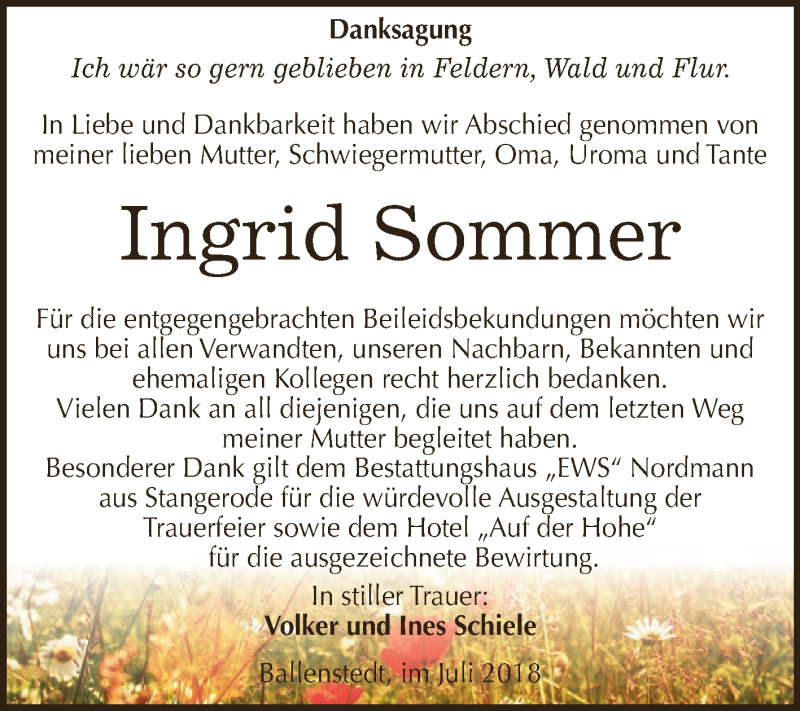  Traueranzeige für Ingrid Sommer vom 18.07.2018 aus Wochenspiegel Mansfelder Land