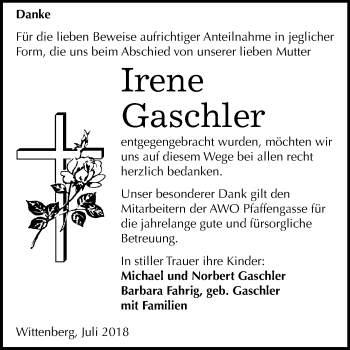 Traueranzeige von Irene Gaschler von Mitteldeutsche Zeitung