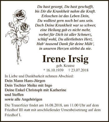 Traueranzeige von Irene Irsig von WVG - Wochenspiegel Dessau / Köthen