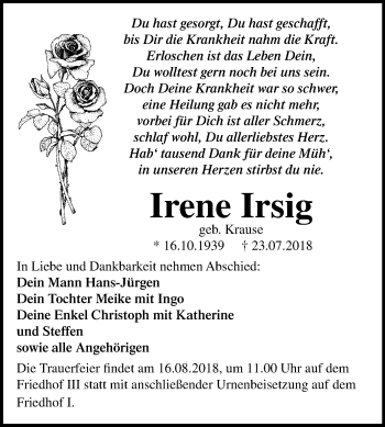 Traueranzeige von Irene Irsig von Mitteldeutsche Zeitung Dessau-Roßlau