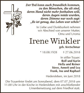 Traueranzeige von Irene Winkler von Wochenspiegel Mansfelder Land