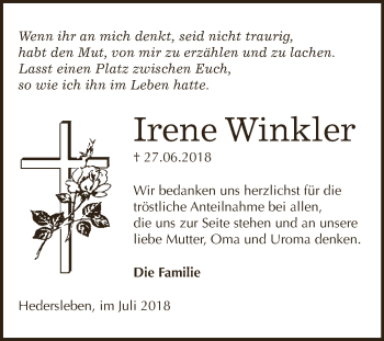 Traueranzeige von Irene Winkler von Wochenspiegel Mansfelder Land