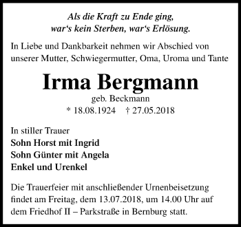 Traueranzeige von Irma Bergmann von Mitteldeutsche Zeitung Bernburg