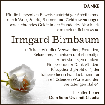 Traueranzeige von Irmgard Birnbaum von WVG - Wochenspiegel Dessau / Köthen