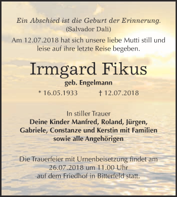 Traueranzeige von Irmgard Fikus von WVG - Wochenspiegel Bitterfeld