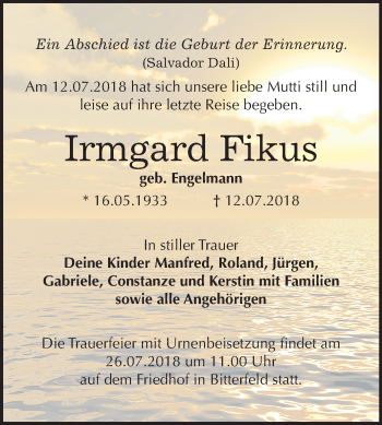 Traueranzeige von Irmgard Fikus von Mitteldeutsche Zeitung Bitterfeld