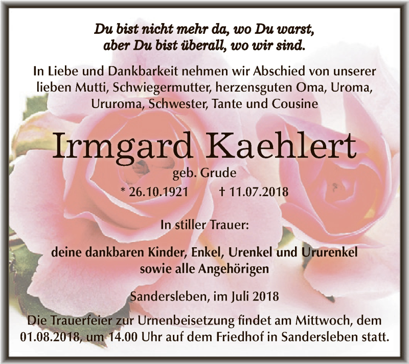  Traueranzeige für Irmgard Kaehlert vom 25.07.2018 aus Wochenspiegel Mansfelder Land